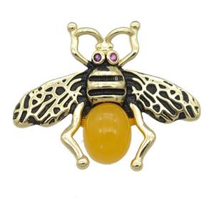 copper honeybee Connector with yellow cats eye stone, antique gold, approx 26-32mm [FN24496]