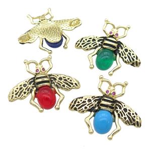 copper honeybee Connector with cats eye stone, antique gold, mixed, approx 26-32mm [FN24497]