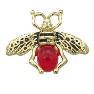 copper honeybee Connector with red cats eye stone, antique gold, approx 26-32mm [FN24502]