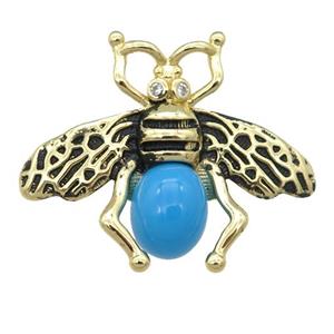 copper honeybee Connector with turqblue cats eye stone, antique gold, approx 26-32mm [FN24503]