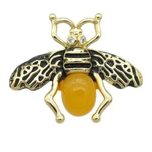 copper honeybee Connector with yellow cats eye stone, antique gold, approx 26-32mm [FN24504]