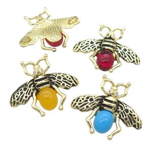 copper honeybee charm Connector with cats eye stone, antique gold, mixed, approx 26-32mm [FN24505]