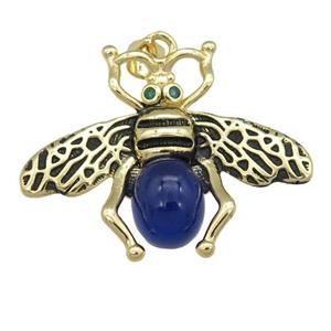 copper honeybee Pendant with blue cats eye stone, antique gold, approx 26-32mm [FN24507]