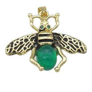 copper honeybee Pendant with green cats eye stone, antique gold, approx 26-32mm [FN24509]