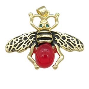 copper honeybee Pendant with red cats eye stone, antique gold, approx 26-32mm [FN24510]