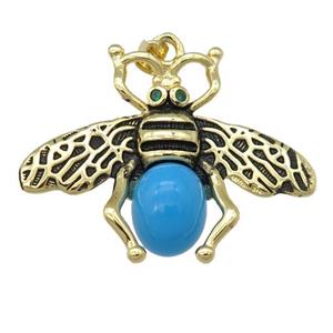 copper honeybee Pendant with turqblue cats eye stone, antique gold, approx 26-32mm [FN24511]