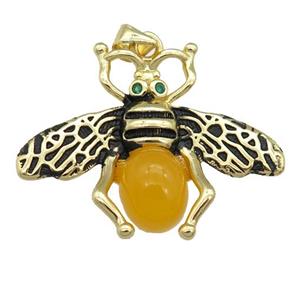 copper honeybee Pendant with yellow cats eye stone, antique gold, approx 26-32mm [FN24512]