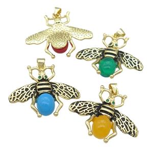 copper honeybee charm Pendant with cats eye stone, antique gold, mixed, approx 26-32mm [FN24513]