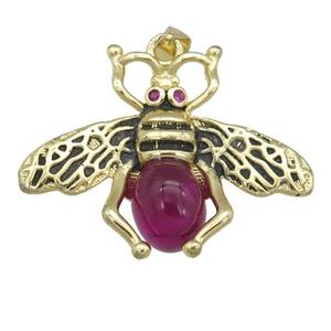 copper honeybee Pendant with red cats eye stone, antique gold, approx 26-32mm [FN24514]