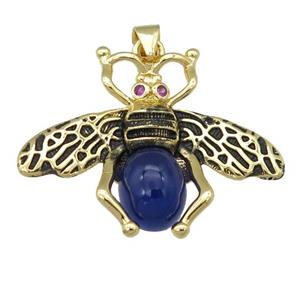 copper honeybee Pendant with blue cats eye stone, antique gold, approx 26-32mm [FN24515]