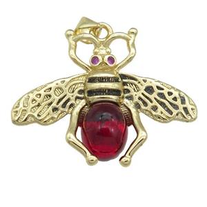 copper honeybee Pendant with red cats eye stone, antique gold, approx 26-32mm [FN24516]