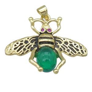 copper honeybee Pendant with green cats eye stone, antique gold, approx 26-32mm [FN24517]
