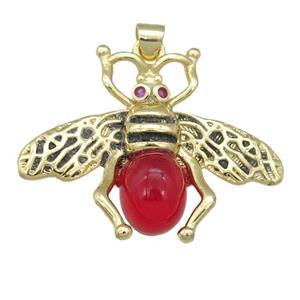 copper honeybee Pendant with red cats eye stone, antique gold, approx 26-32mm [FN24518]