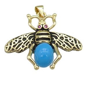 copper honeybee Pendant with turqblue cats eye stone, antique gold, approx 26-32mm [FN24519]