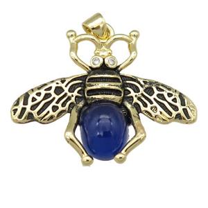 copper honeybee Pendant with blue cats eye stone, antique gold, approx 26-32mm [FN24523]