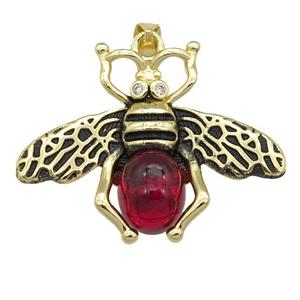 copper honeybee Pendant with red cats eye stone, antique gold, approx 26-32mm [FN24524]