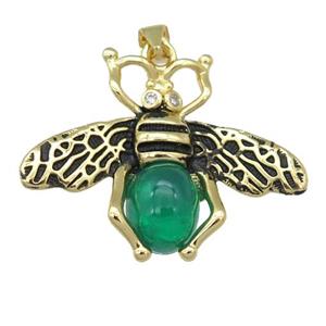 copper honeybee Pendant with green cats eye stone, antique gold, approx 26-32mm [FN24525]