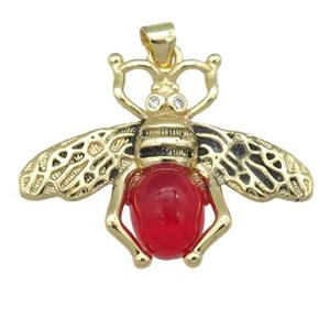 copper honeybee Pendant with red cats eye stone, antique gold, approx 26-32mm [FN24526]