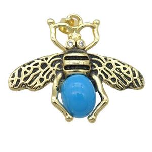 copper honeybee Pendant with turqblue cats eye stone, antique gold, approx 26-32mm [FN24527]