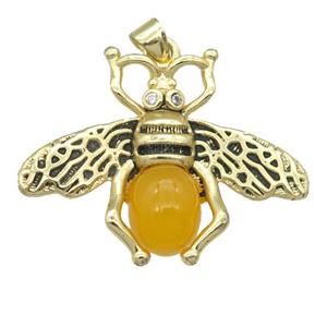 copper honeybee Pendant with yellow cats eye stone, antique gold, approx 26-32mm [FN24528]
