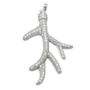 copper Antler pendant pave zircon, platinum plated, approx 23-35mm [FN24538]