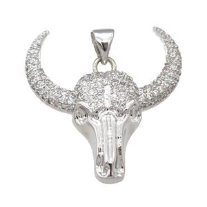copper bullHead pendant pave zircon, platinum plated, approx 24-27mm [FN24543]