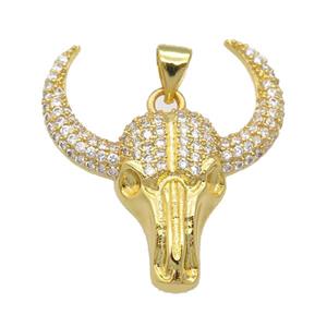 copper bullHead pendant pave zircon, gold plated, approx 24-27mm [FN24544]