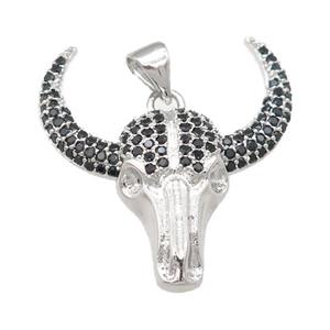 copper bullHead pendant pave zircon, platinum plated, approx 24-27mm [FN24548]