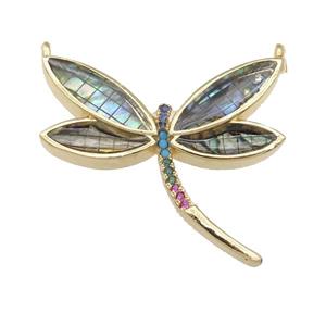 copper Dragonfly pendant pave zircon, abalone shell, gold plated, approx 30mm [FN24553]