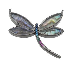 copper Dragonfly pendant pave zircon, abalone shell, black plated, approx 30mm [FN24554]