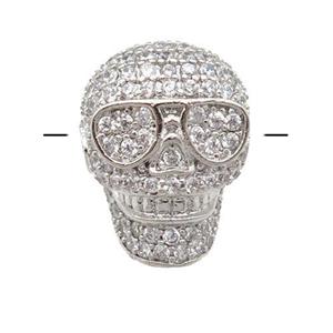 copper Skull beads pave zircon, platinum plated, approx 11-15mm, 2mm hole [FN24577]