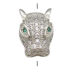 copper LeopardHead beads pave zircon, platinum plated, approx 10-15mm, 3mm hole [FN24586]
