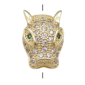 copper LeopardHead beads pave zircon, gold plated, approx 10-15mm, 3mm hole [FN24587]