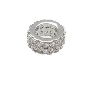 copper rondelle beads pave zircon, large hole, platinum plated, approx 7mm, 4mm hole [FN24607]