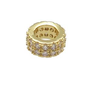 copper rondelle beads pave zircon, large hole, gold plated, approx 7mm, 4mm hole [FN24608]
