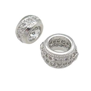copper rondelle beads pave zircon, large hole, platinum plated, approx 8mm, 5mm hole [FN24616-8MM]