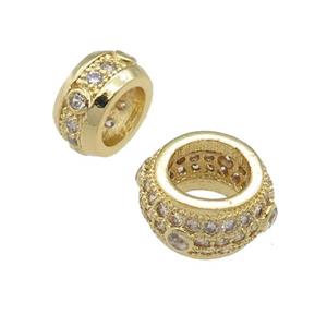copper rondelle beads pave zircon, large hole, gold plated, approx 10mm, 6mm hole [FN24617-10MM]