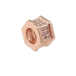 copper hexagon beads pave zircon, large hole, rose gold, approx 8mm, 4mm hole [FN24632]