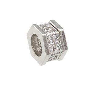 copper hexagon beads pave zircon, large hole, platinum plated, approx 8mm, 4mm hole [FN24633]