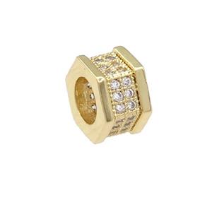 copper hexagon beads pave zircon, large hole, gold plated, approx 8mm, 4mm hole [FN24634]