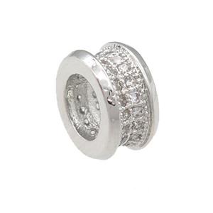 copper rondelle beads pave zircon, large hole, platinum plated, approx 10mm, 6mm hole [FN24642]