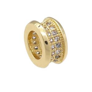 copper rondelle beads pave zircon, large hole, gold plated, approx 10mm, 6mm hole [FN24643]
