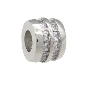 copper barrel beads pave zircon, large hole, platinum plated, approx 11mm, 5mm hole [FN24649]