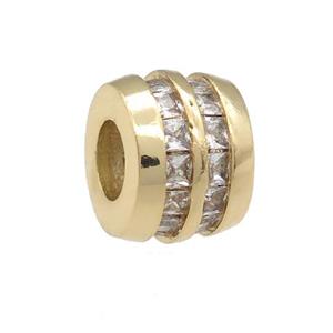 copper barrel beads pave zircon, large hole, gold plated, approx 11mm, 5mm hole [FN24650]