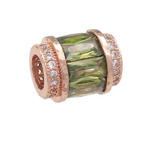 copper tube beads pave green zircon, large hole, rose gold, approx 10-12mm, 5mm hole [FN24656]