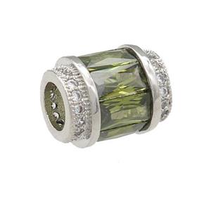 copper tube beads pave green zircon, large hole, platinum plated, approx 10-12mm, 5mm hole [FN24657]