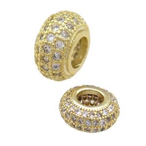 copper rondelle beads pave zircon, large hole, gold plated, approx 10mm, 4mm hole [FN24668-10MM]
