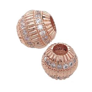 copper barrel beads pave zircon, large hole, rose gold, approx 11mm, 4mm hole [FN24671-11MM]