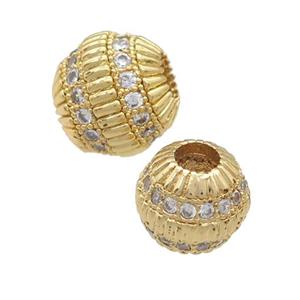 copper barrel beads pave zircon, large hole, gold plated, approx 11mm, 4mm hole [FN24673-11MM]