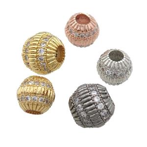copper barrel beads pave zircon, large hole, mixed, approx 9.5mm, 4mm hole [FN24675-9MM]
